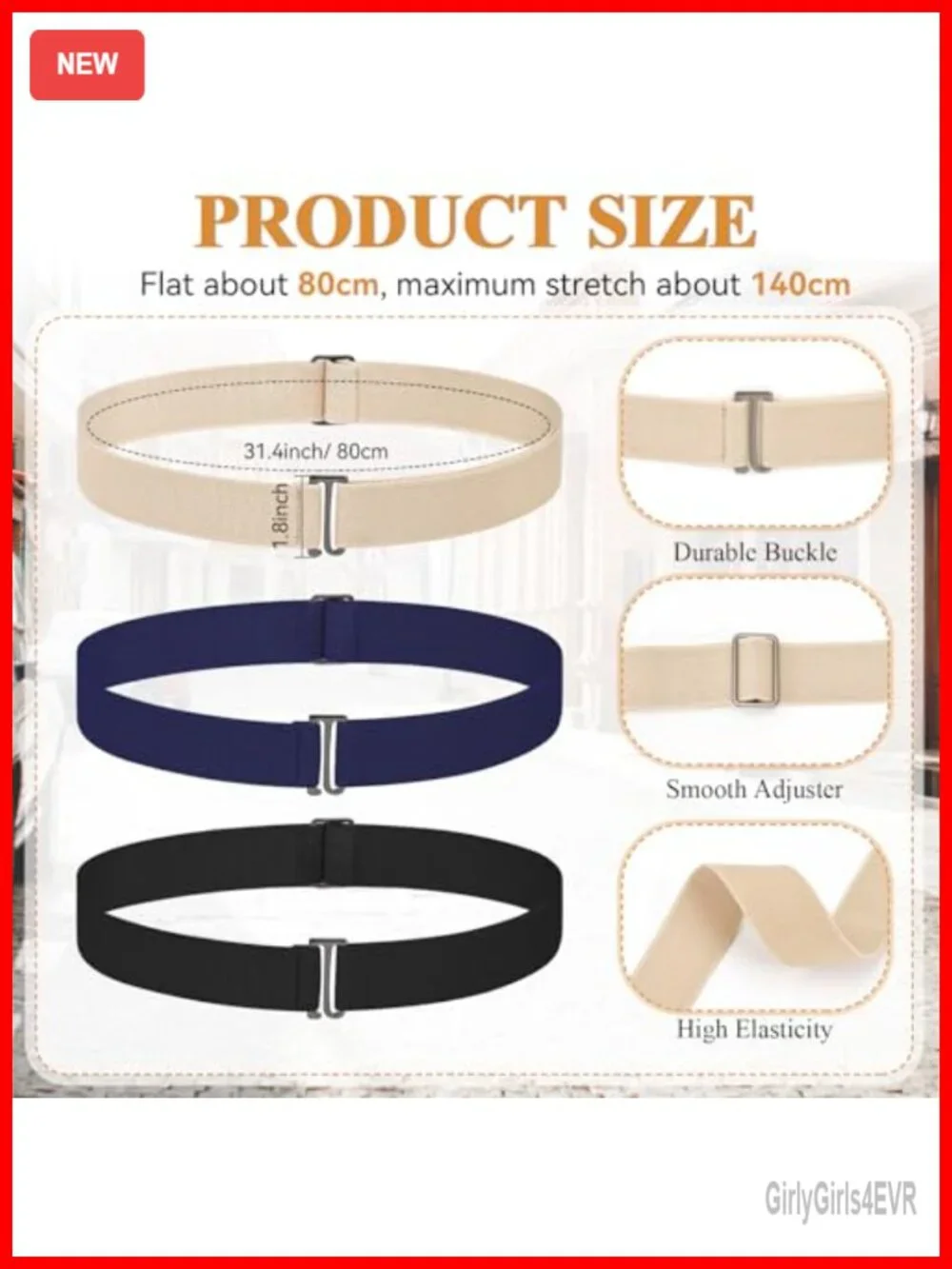 3 Pack No Show Stretch Belt with Flat Buckle, Adjustable Elastic Waist Belt for